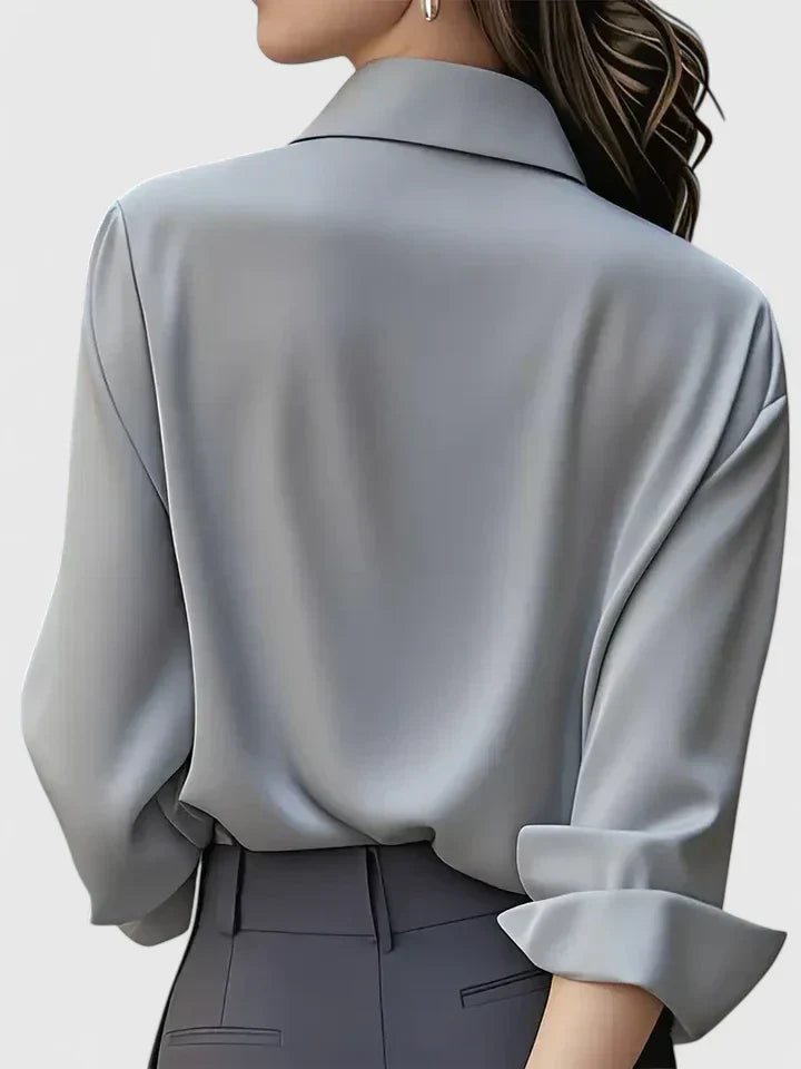 Satin Shirt Womens Long Sleeve Concealed Button Placket Collared Curved Hem Relaxed Fit - image 8