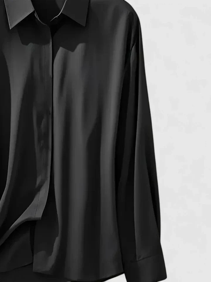 Satin Shirt Womens Long Sleeve Concealed Button Placket Collared Curved Hem Relaxed Fit - image 9