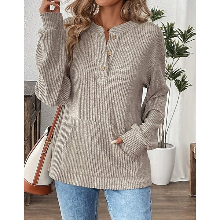 Ribbed Top Womens Henley Button Placket Pouch Pocket Long Sleeve Relaxed Fit - image 1