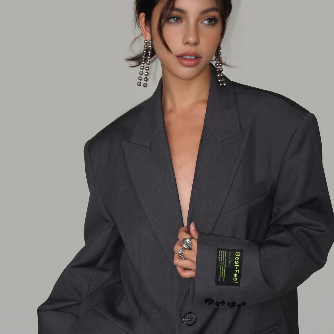 Blazer Womens Oversized Notched Lapel Single Breasted Structured Shoulder Flap Pockets - image 5