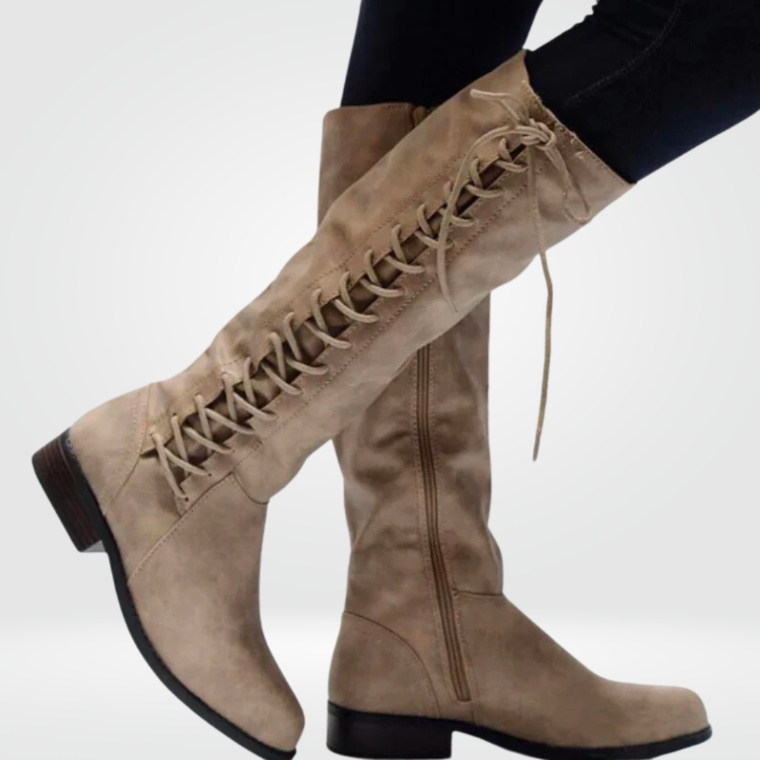 Knee High Boots Womens Lace Up Detail Low Block Heel Side Zip Round Toe Riding Style - image 2