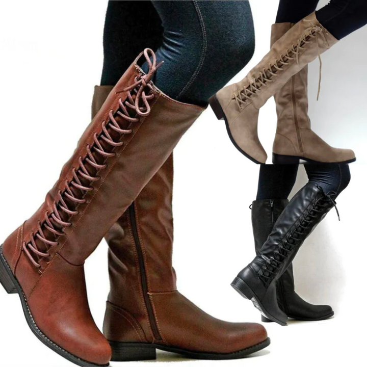 Knee High Boots Womens Lace Up Detail Low Block Heel Side Zip Round Toe Riding Style - image 4