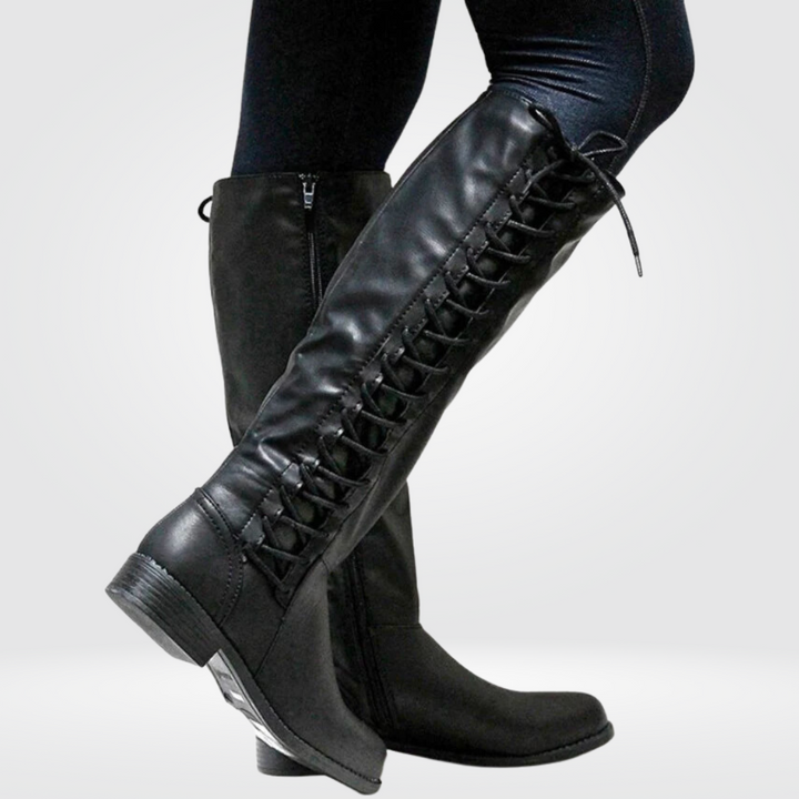 Knee High Boots Womens Lace Up Detail Low Block Heel Side Zip Round Toe Riding Style - image 1