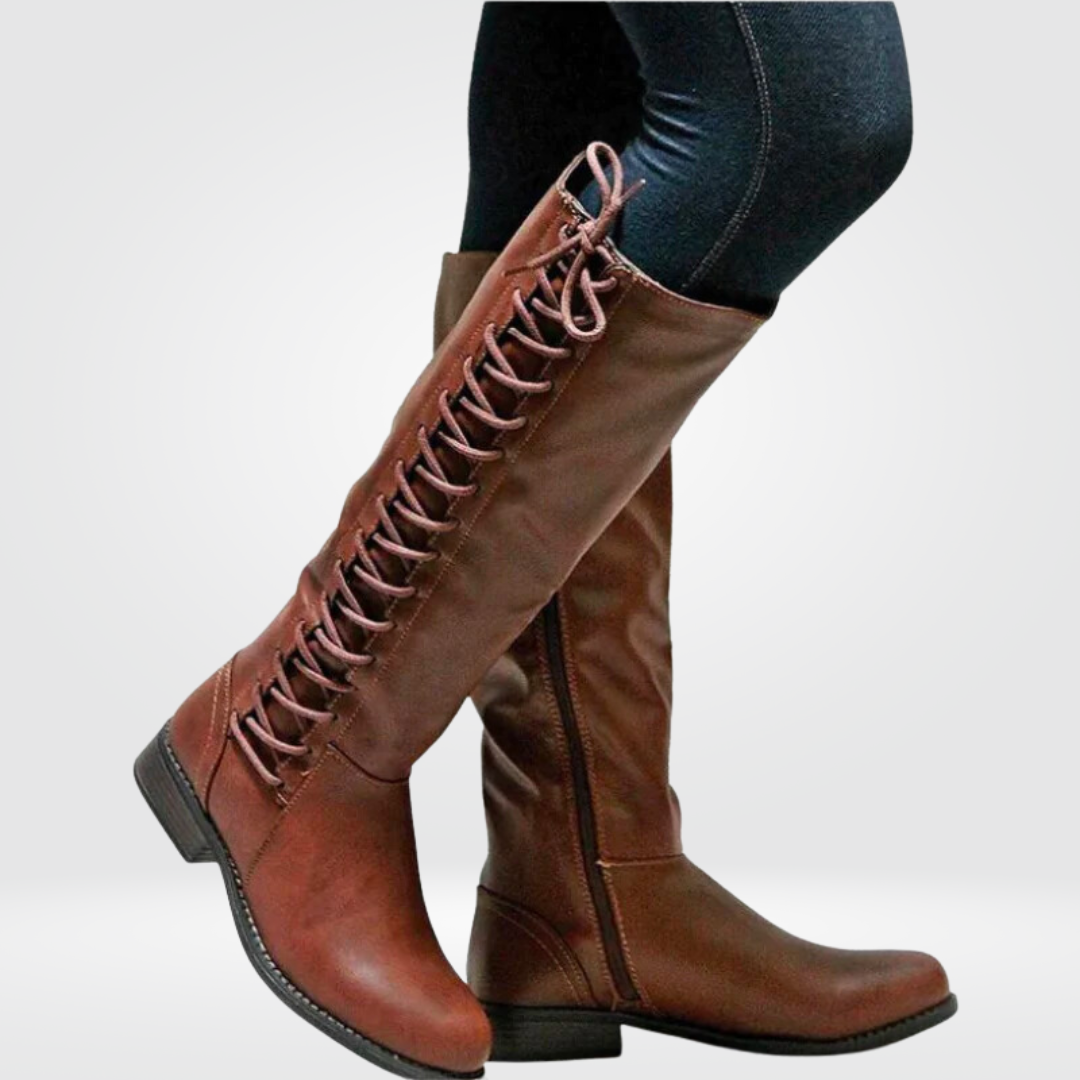 Knee High Boots Womens Lace Up Detail Low Block Heel Side Zip Round Toe Riding Style - image 3