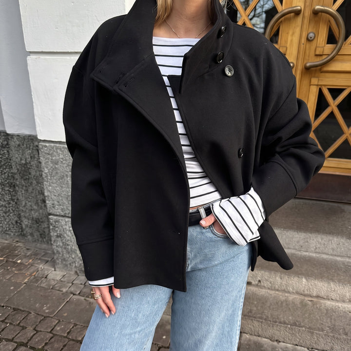 Cropped Jacket Womens Double Breasted Stand Collar Boxy Fit Dropped Shoulder - image 2