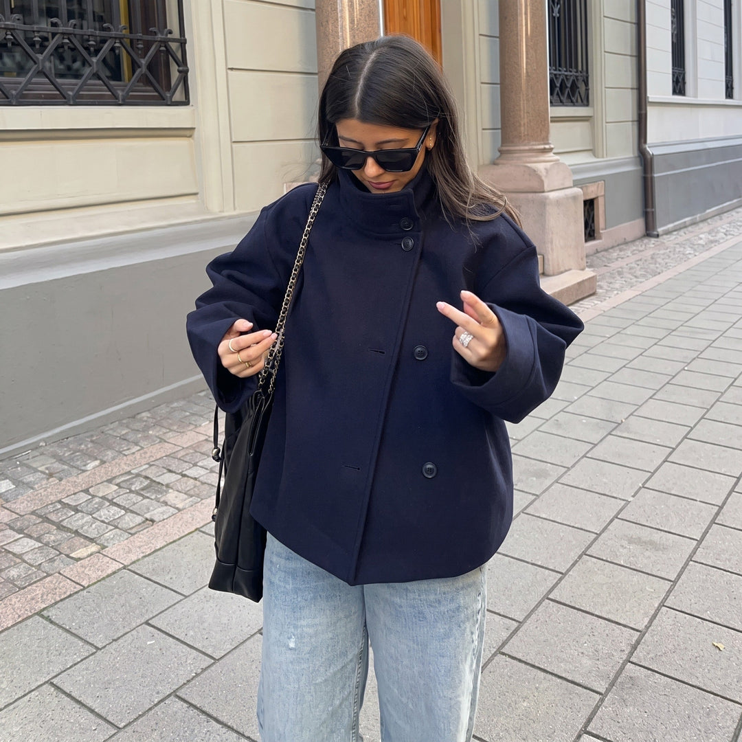 Cropped Jacket Womens Double Breasted Stand Collar Boxy Fit Dropped Shoulder - image 5