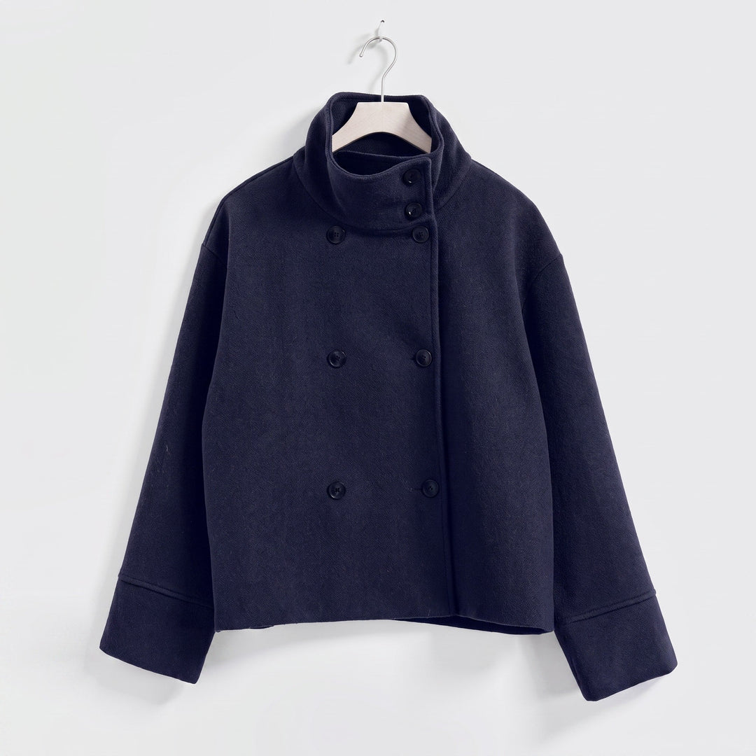 Cropped Jacket Womens Double Breasted Stand Collar Boxy Fit Dropped Shoulder - image 8