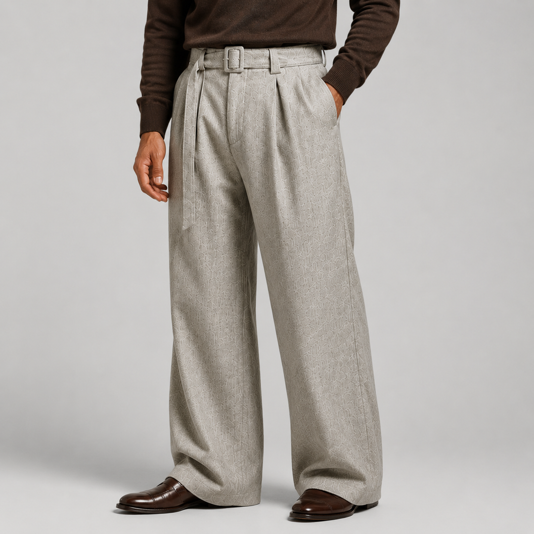Pleated Trousers Mens High Waist Wide Leg Self Belt Tailored Brushed Finish - image 10