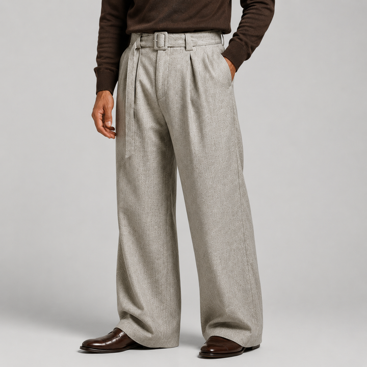 Pleated Trousers Mens High Waist Wide Leg Self Belt Tailored Brushed Finish - image 10