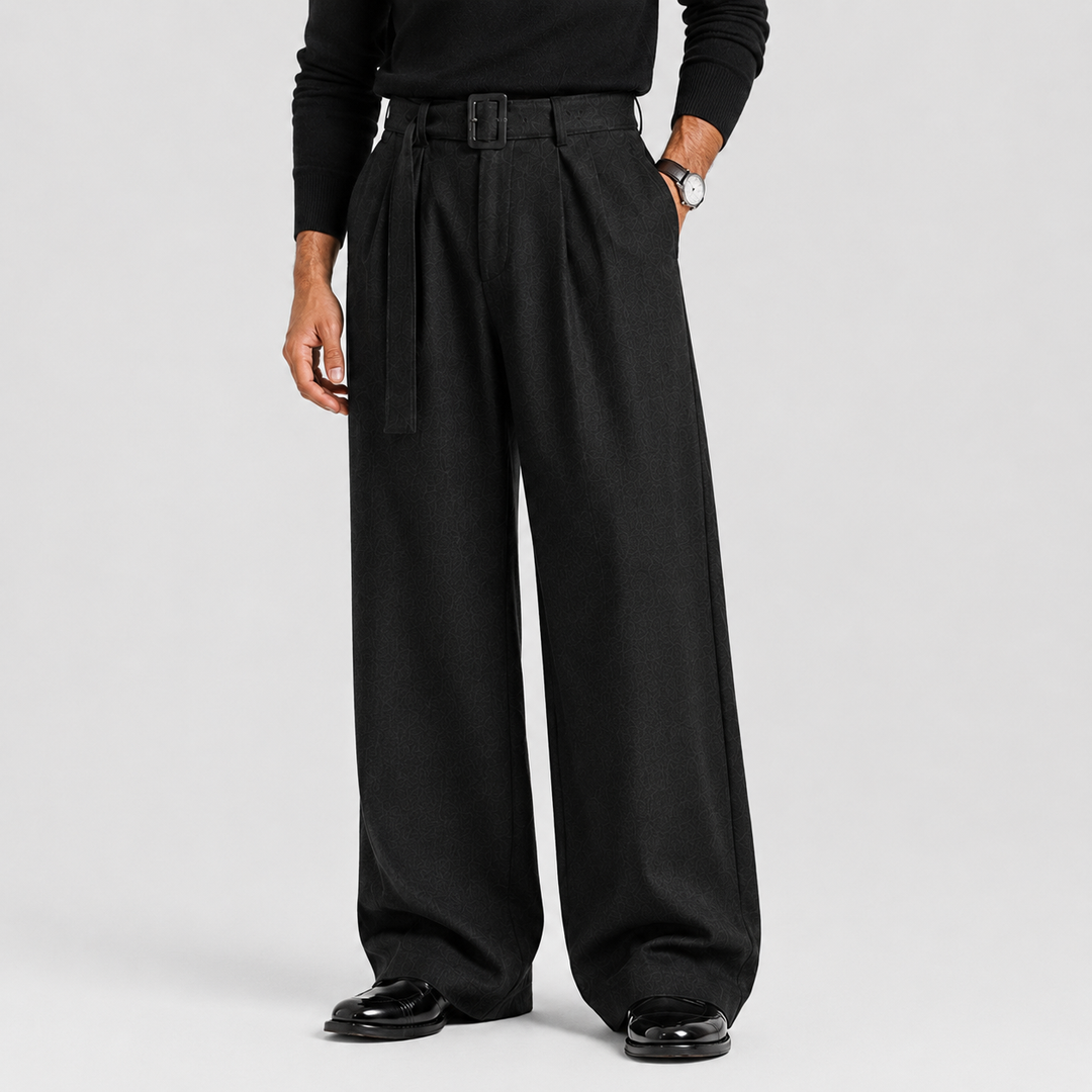 Pleated Trousers Mens High Waist Wide Leg Self Belt Tailored Brushed Finish - image 8