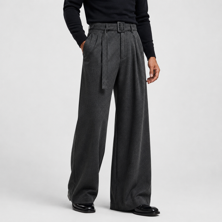 Pleated Trousers Mens High Waist Wide Leg Self Belt Tailored Brushed Finish - image 9