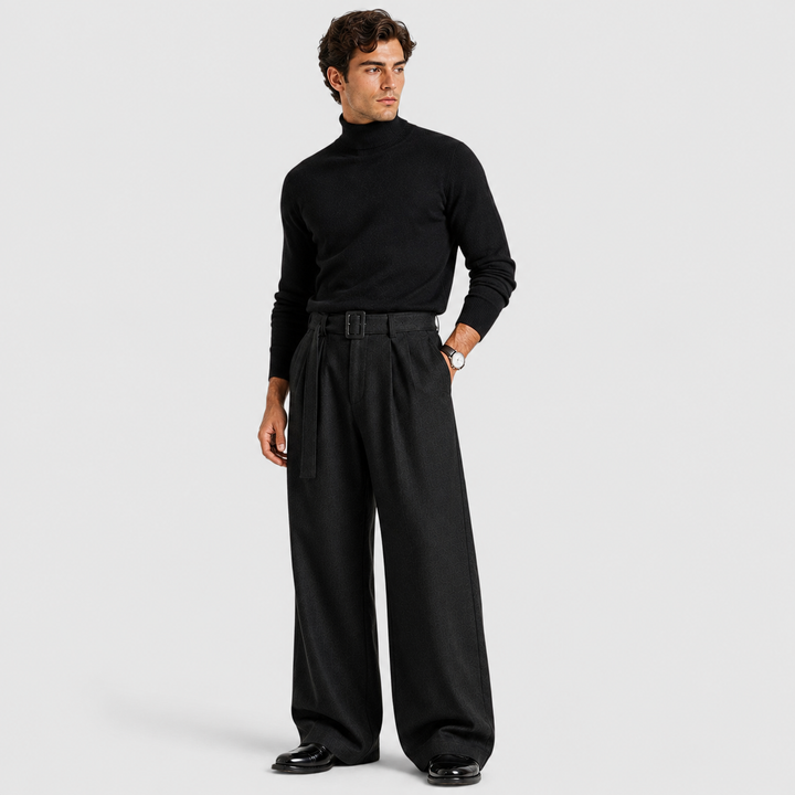 Pleated Trousers Mens High Waist Wide Leg Self Belt Tailored Brushed Finish - image 1