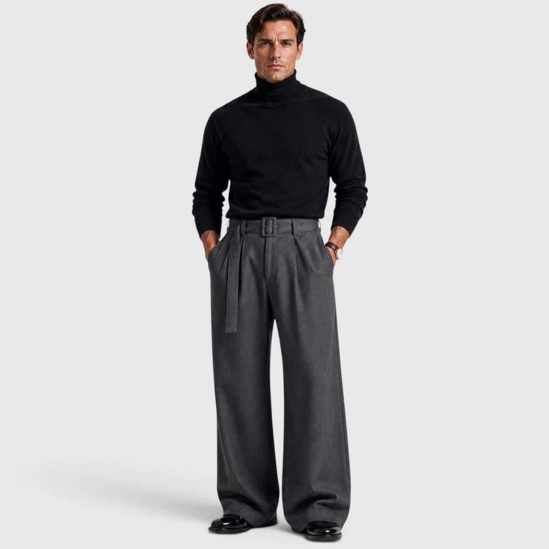 Pleated Trousers Mens High Waist Wide Leg Self Belt Tailored Brushed Finish - image 4