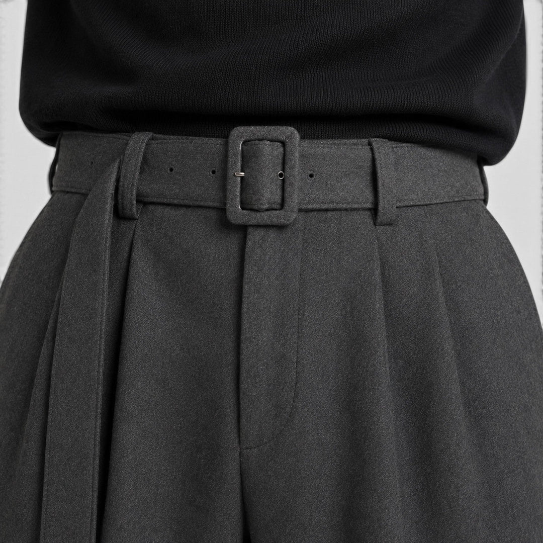 Pleated Trousers Mens High Waist Wide Leg Self Belt Tailored Brushed Finish - image 5