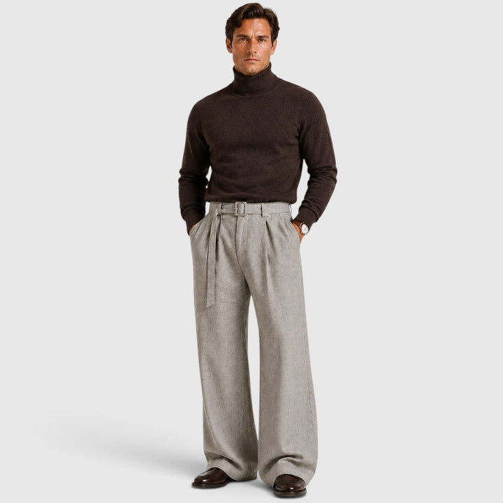 Pleated Trousers Mens High Waist Wide Leg Self Belt Tailored Brushed Finish - image 7