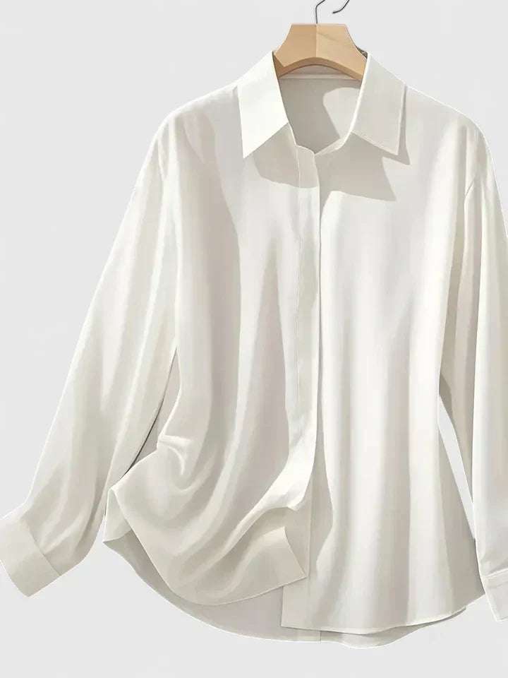 Satin Shirt Womens Long Sleeve Concealed Button Placket Collared Curved Hem Relaxed Fit - image 2