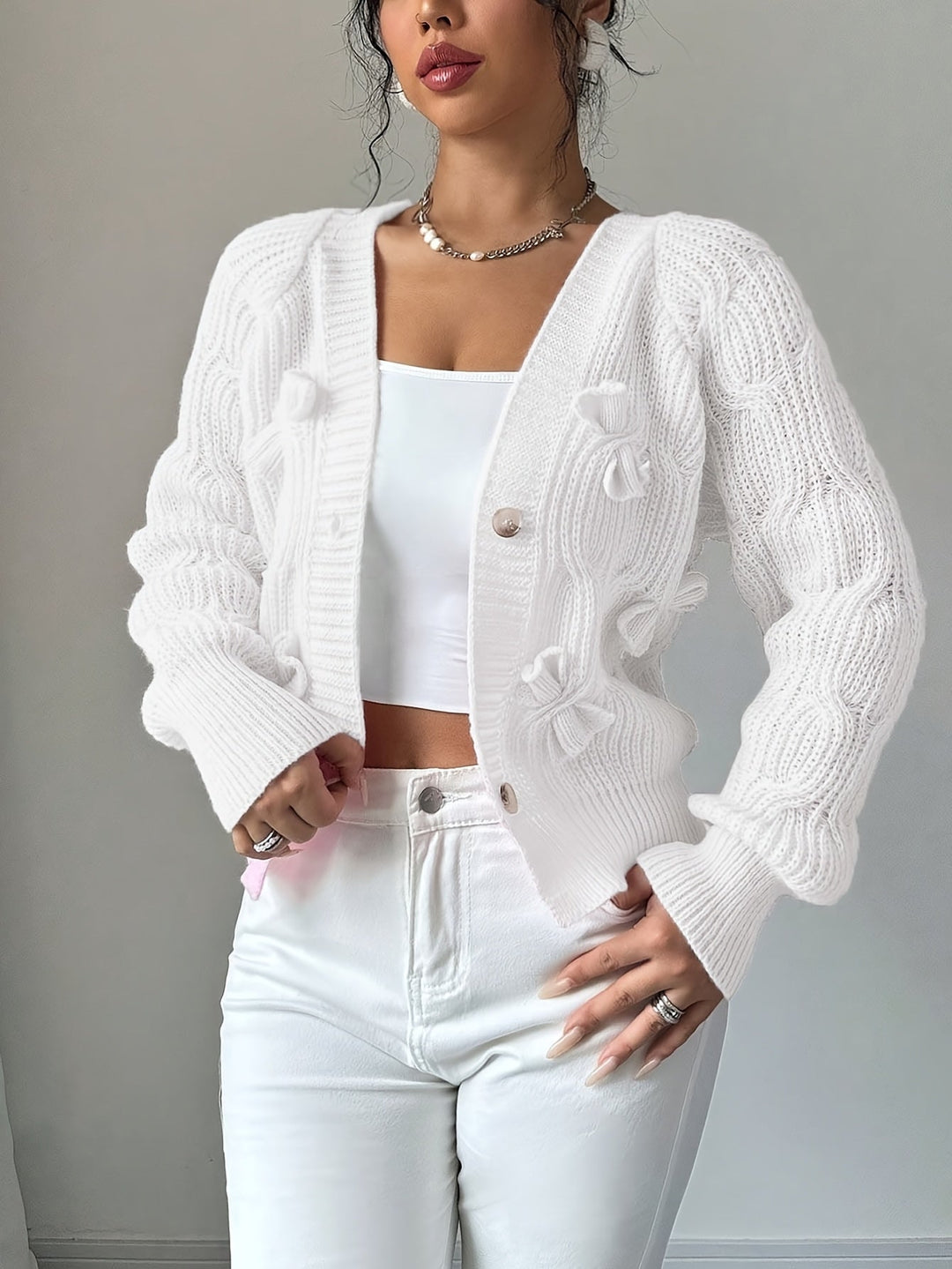 Cropped Cardigan Womens Bow Applique V Neck Button Front Pearl Look Buttons - image 23