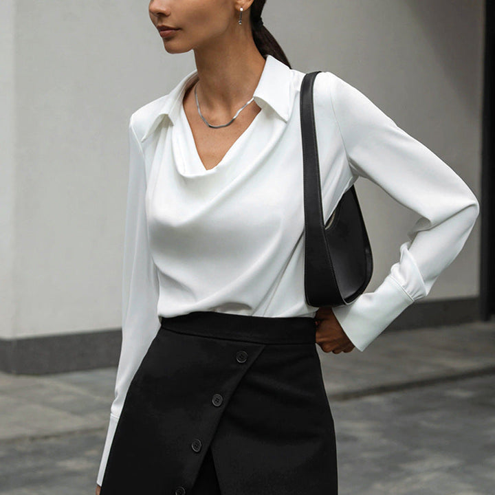 Satin Blouse Womens Long Sleeve Cowl Neck Collared Office Top Relaxed Fit - image 7