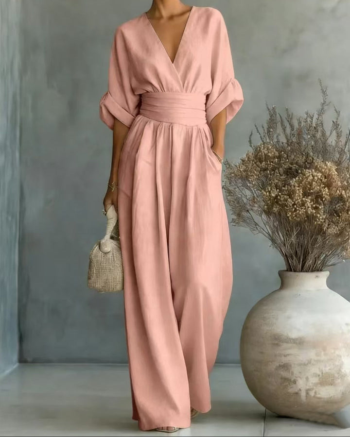 Jumpsuit Womens Wide Leg V Neck High Waist Linen Look Half Sleeve Pockets - image 9