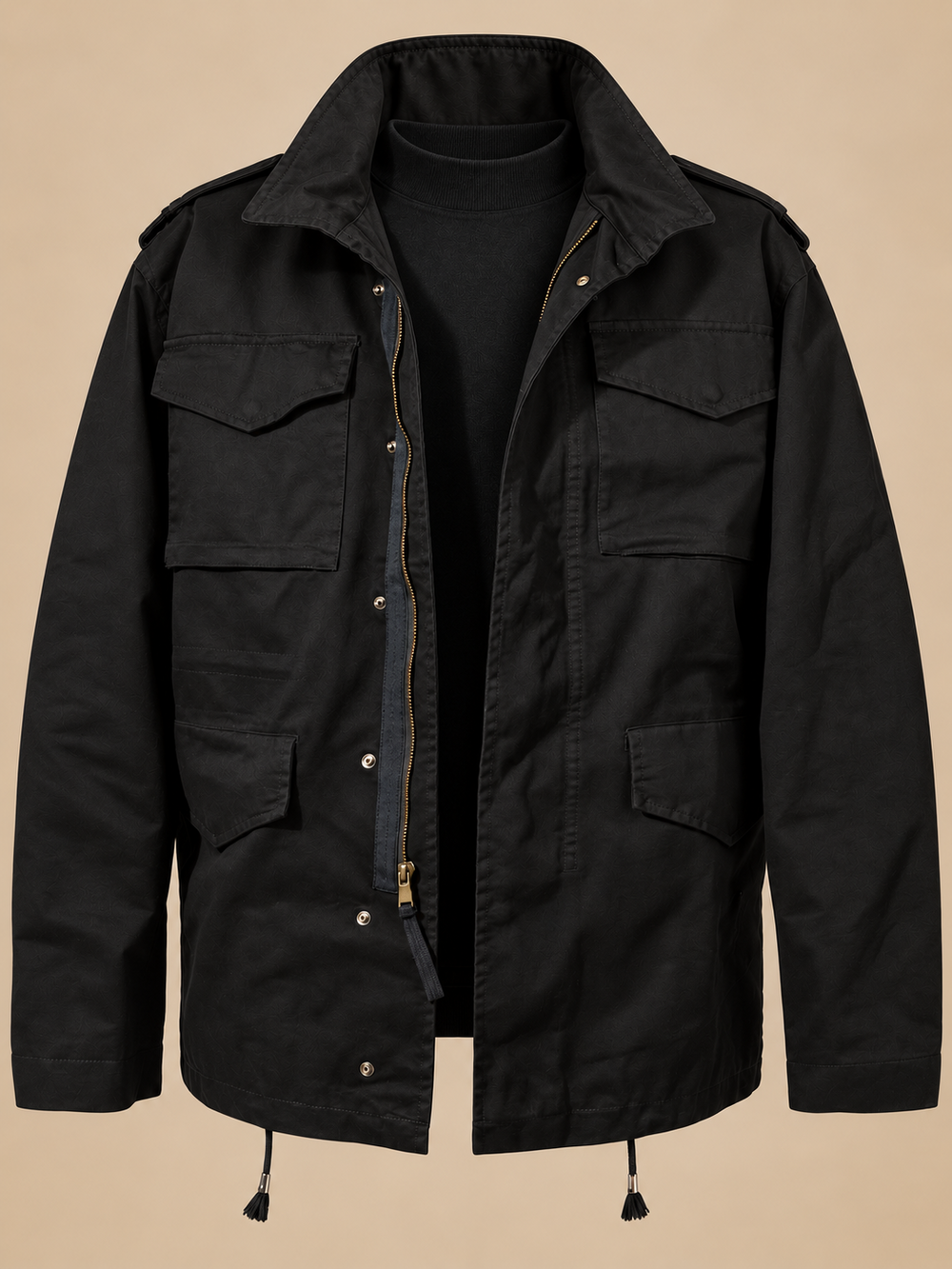 Utility Jacket Mens Military Style Four Flap Pockets Stand Collar Drawstring Hem Epaulettes - image 2
