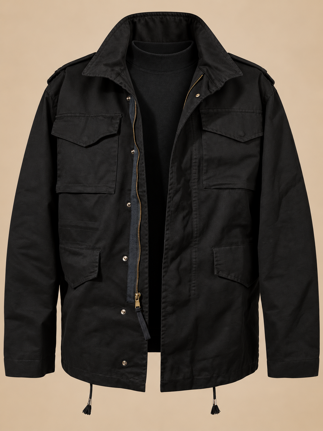 Utility Jacket Mens Military Style Four Flap Pockets Stand Collar Drawstring Hem Epaulettes - image 2