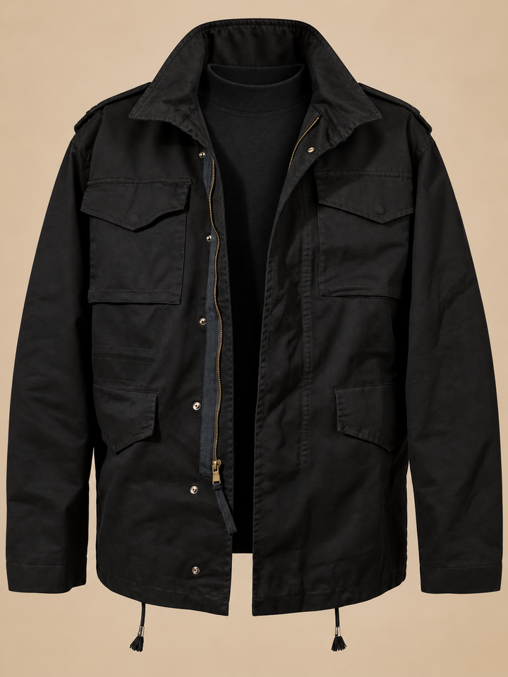Utility Jacket Mens Military Style Four Flap Pockets Stand Collar Drawstring Hem Epaulettes - image 2