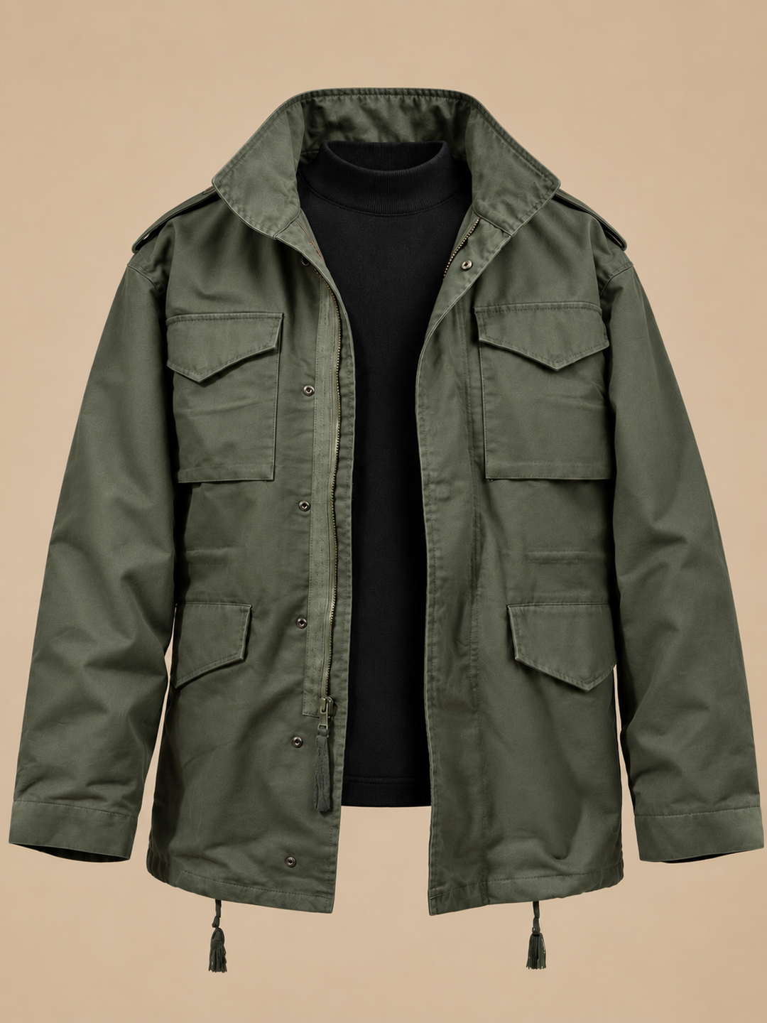 Utility Jacket Mens Military Style Four Flap Pockets Stand Collar Drawstring Hem Epaulettes - image 1