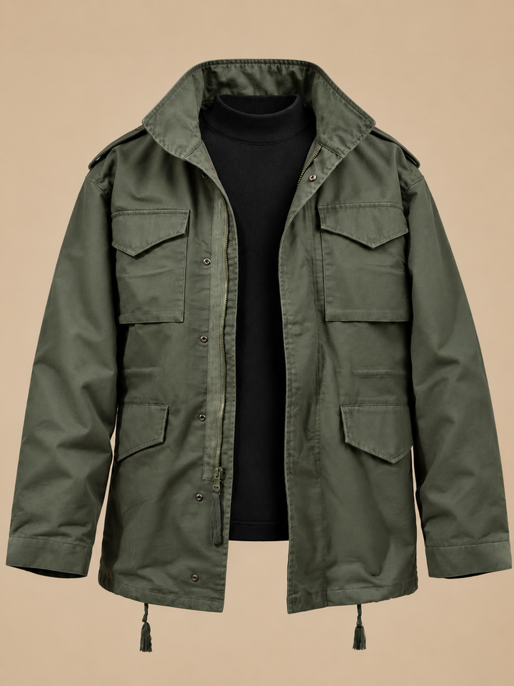 Utility Jacket Mens Military Style Four Flap Pockets Stand Collar Drawstring Hem Epaulettes - image 1