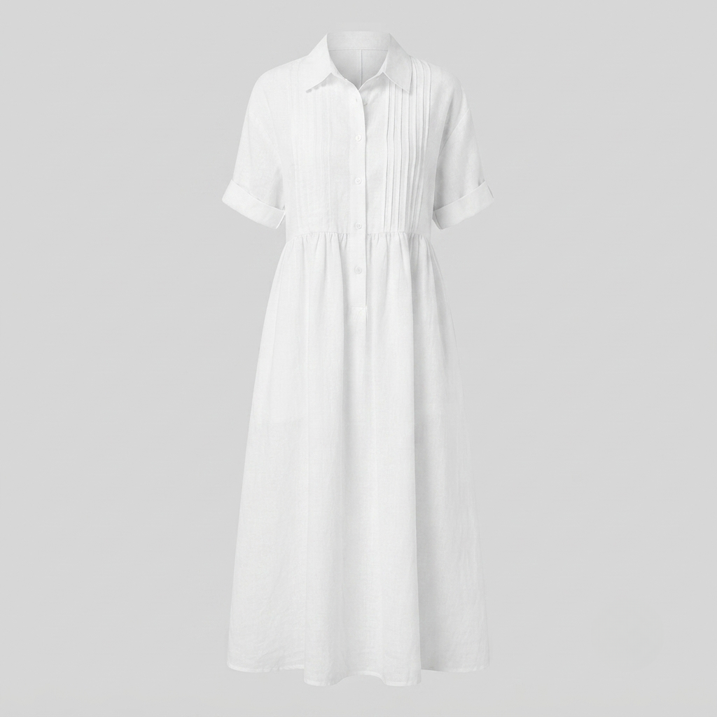 Linen Shirt Dress Womens Collared Pintuck Bodice Short Sleeve Maxi - image 2