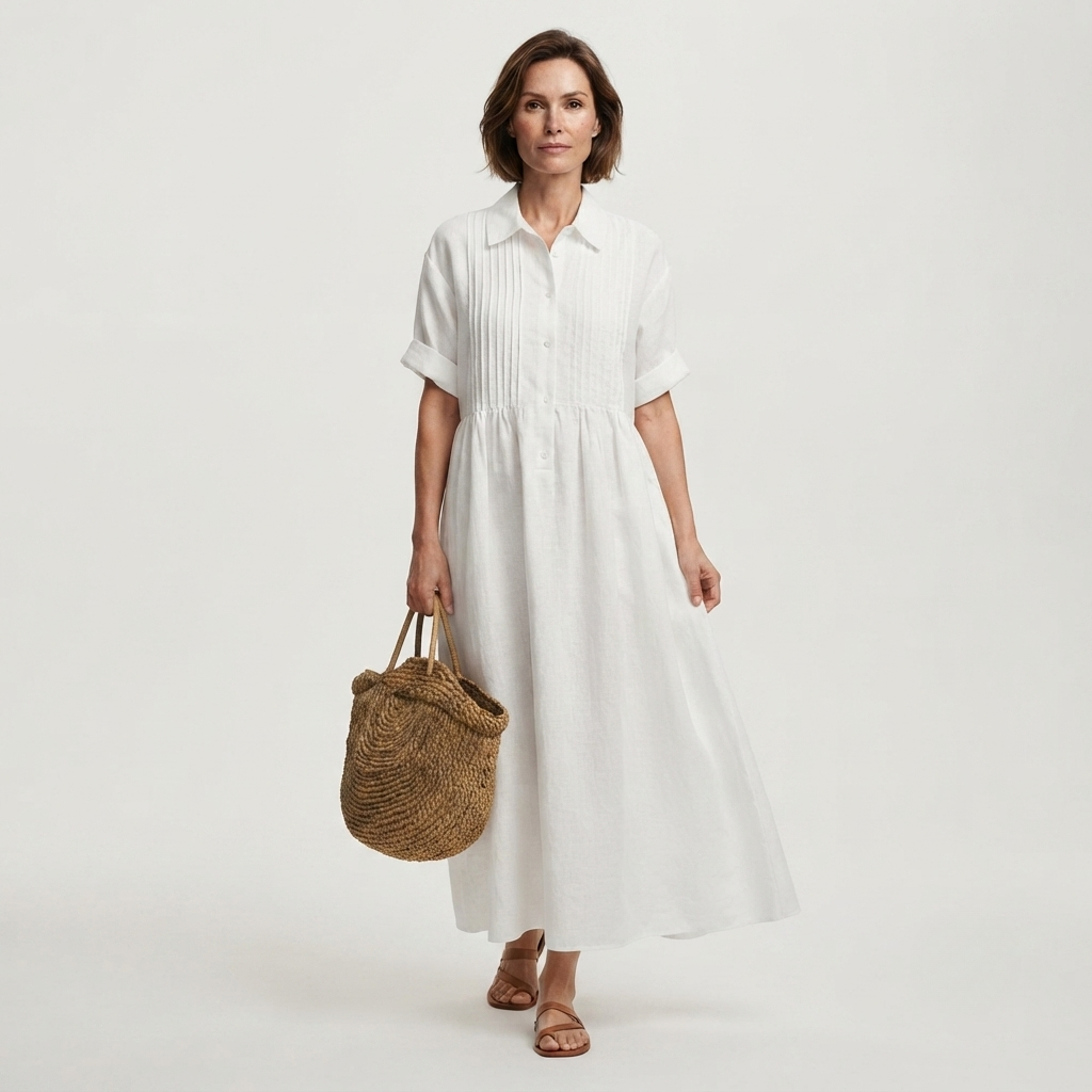 Linen Shirt Dress Womens Collared Pintuck Bodice Short Sleeve Maxi - image 1