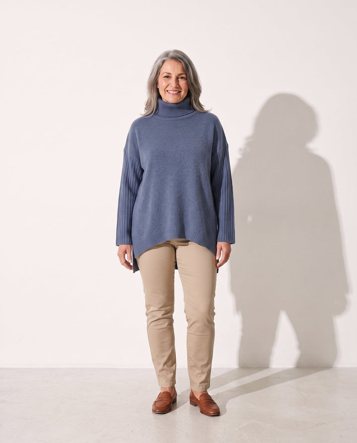 Longline Jumper Womens Funnel Neck Side Split Brushed Knit Long Sleeve - image 1