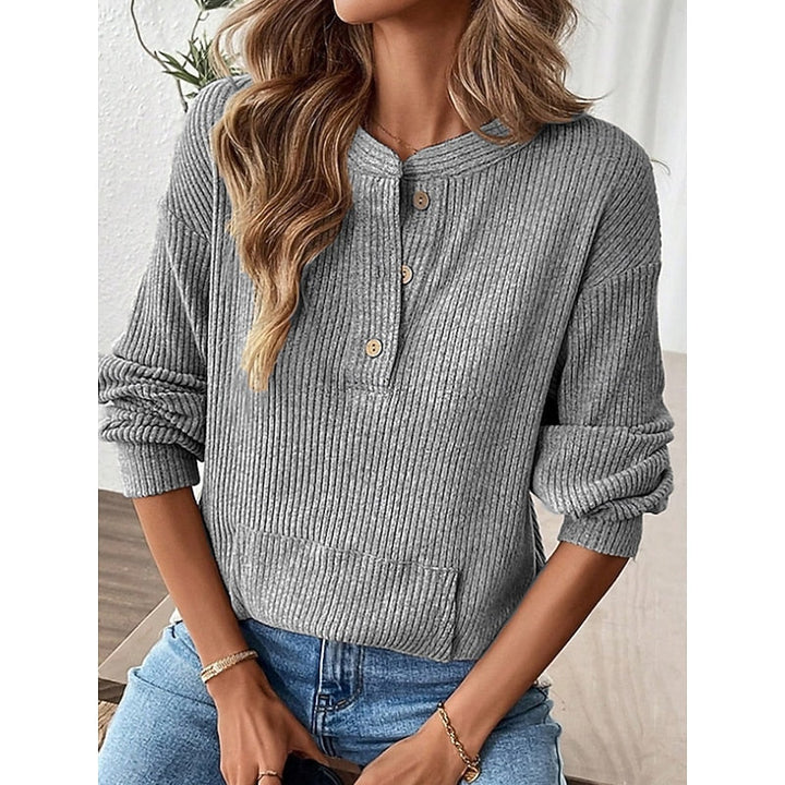 Ribbed Top Womens Henley Button Placket Pouch Pocket Long Sleeve Relaxed Fit - image 4