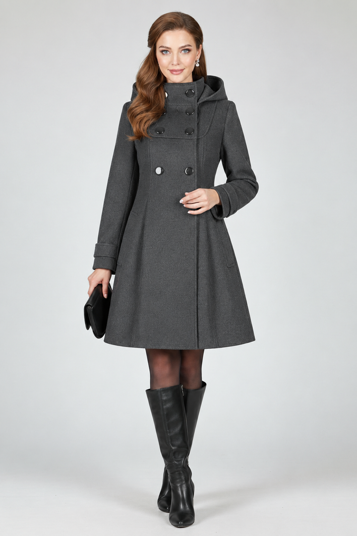 Coat Womens Hooded A-Line Double Button Front Knee Length