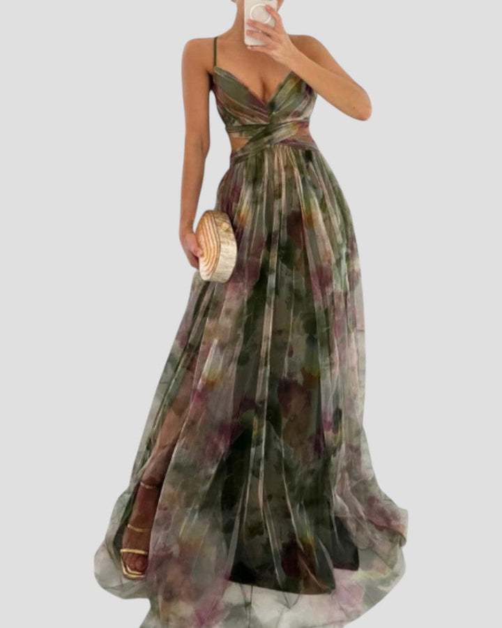 Floral Chiffon Maxi Dress Womens Spaghetti Strap Cut Out Waist - image 5
