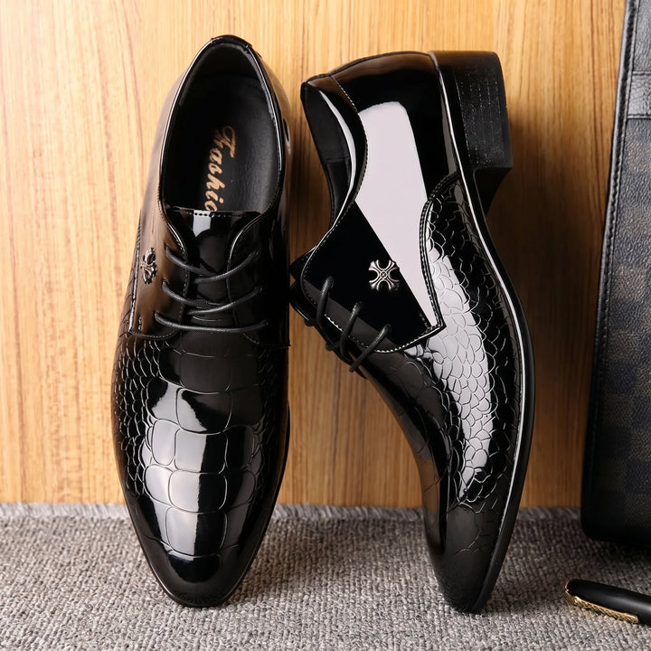 Pointed Toe Dress Shoes Mens Patent Look Croc Effect Lace Up Wedding Low Stacked Heel - image 3