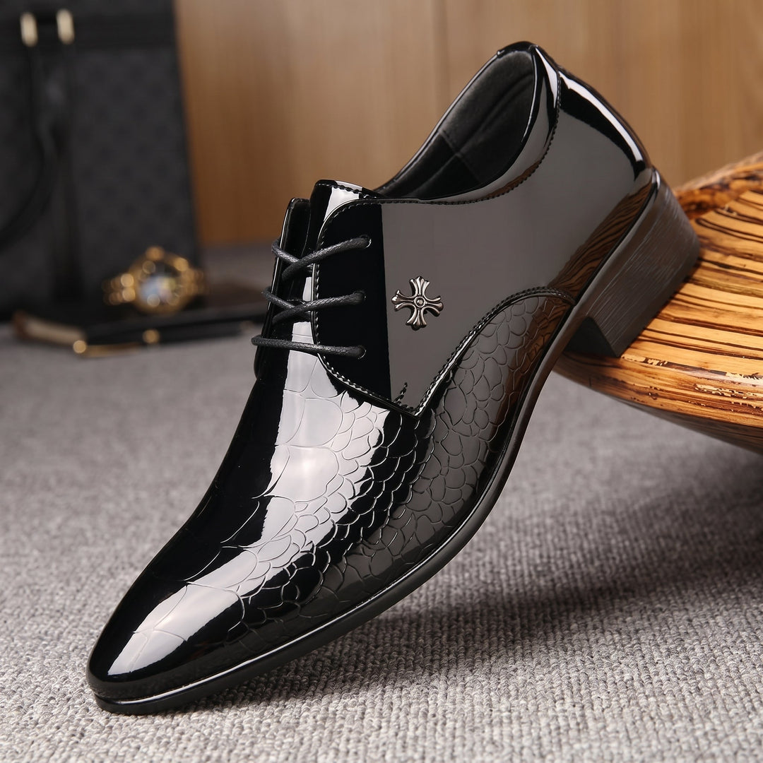 Pointed Toe Dress Shoes Mens Patent Look Croc Effect Lace Up Wedding Low Stacked Heel - image 1