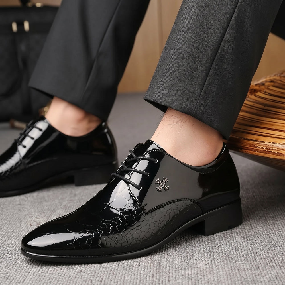 Pointed Toe Dress Shoes Mens Patent Look Croc Effect Lace Up Wedding Low Stacked Heel - image 2