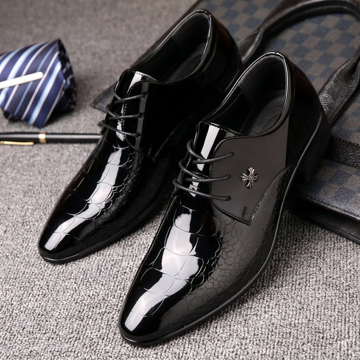 Pointed Toe Dress Shoes Mens Patent Look Croc Effect Lace Up Wedding Low Stacked Heel - image 4