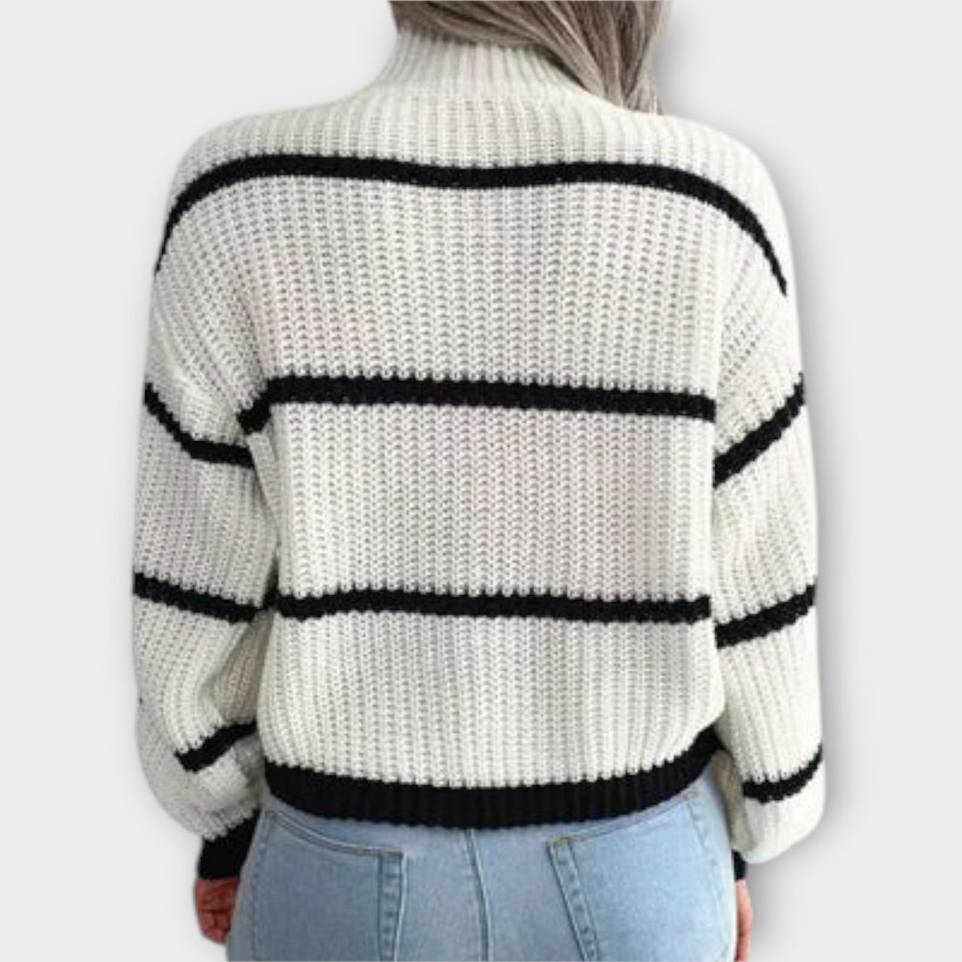 Jumper Womens Contrast Stripe High Neck Wide Sleeve Chunky Purl Knit Oversized - image 4