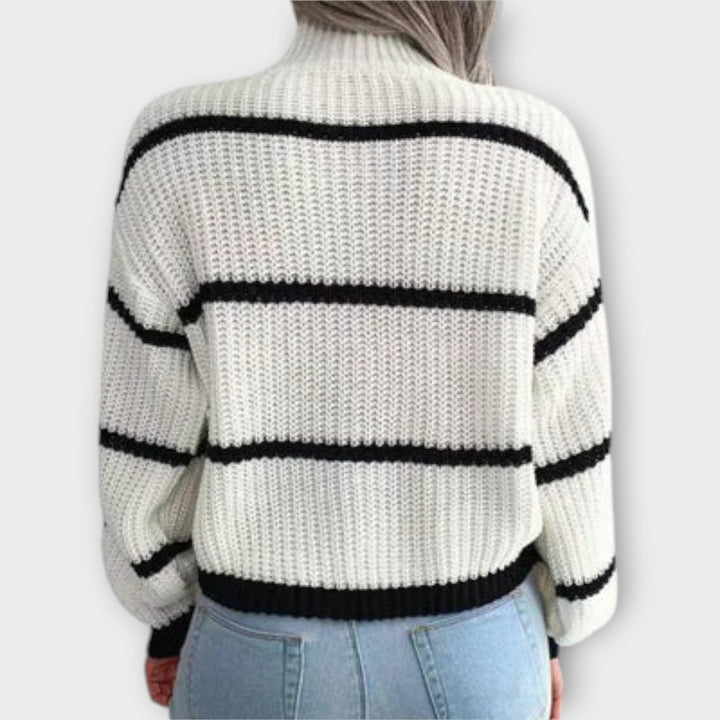 Jumper Womens Contrast Stripe High Neck Wide Sleeve Chunky Purl Knit Oversized - image 4