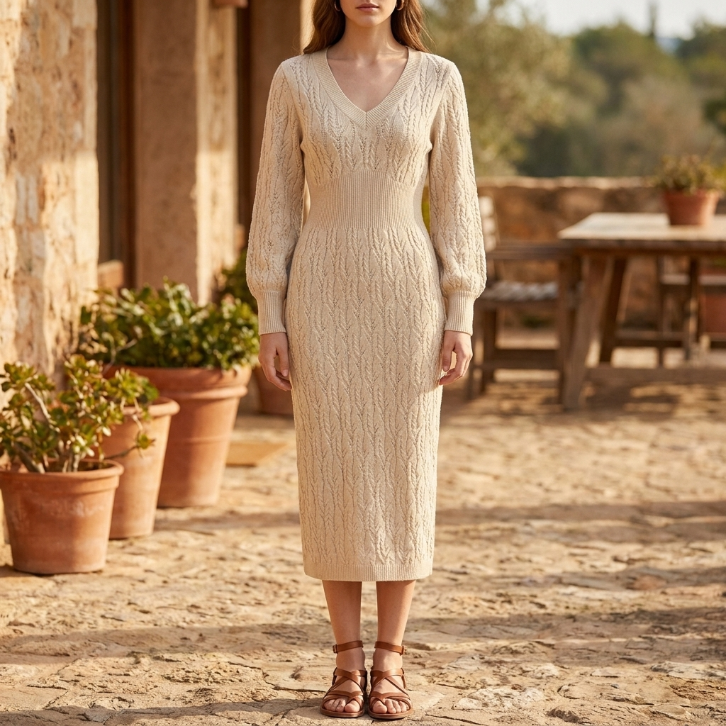 Knitted Midi Dress Womens V Neck Long Sleeve Textured Jumper Dress - image 3