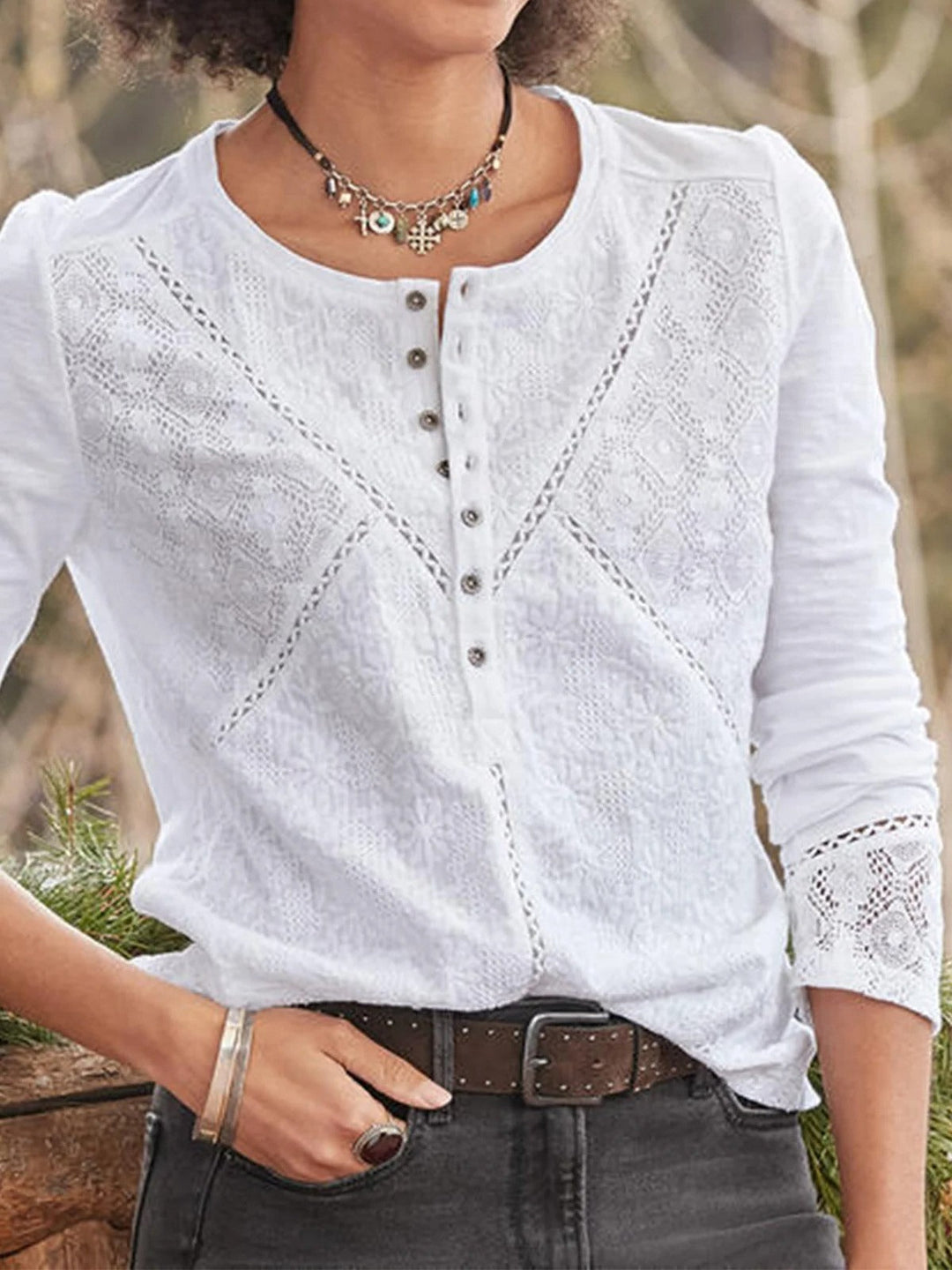 Blouse Womens Lace Detail Crew Neck Long Sleeve