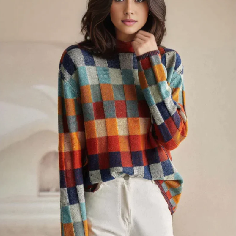 Check Jumper Womens Patchwork Knit Mock Neck Long Sleeve Relaxed Fit - image 1