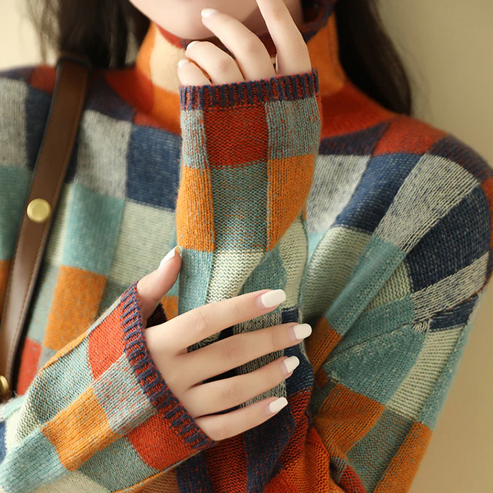 Check Jumper Womens Patchwork Knit Mock Neck Long Sleeve Relaxed Fit - image 6