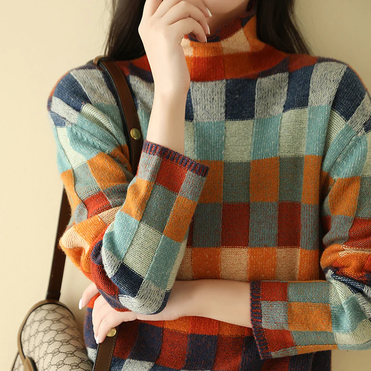 Check Jumper Womens Patchwork Knit Mock Neck Long Sleeve Relaxed Fit - image 2