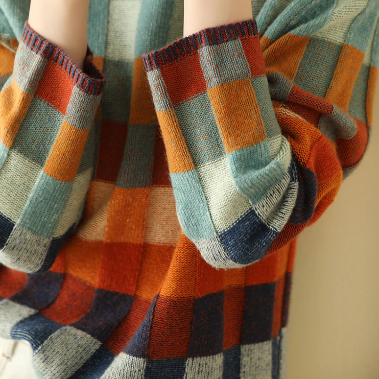 Check Jumper Womens Patchwork Knit Mock Neck Long Sleeve Relaxed Fit - image 5