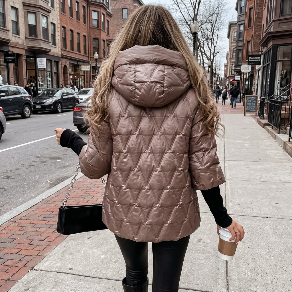 Shiny Puffer Jacket Womens Hooded Glossy Quilted Stand Collar Zip Front