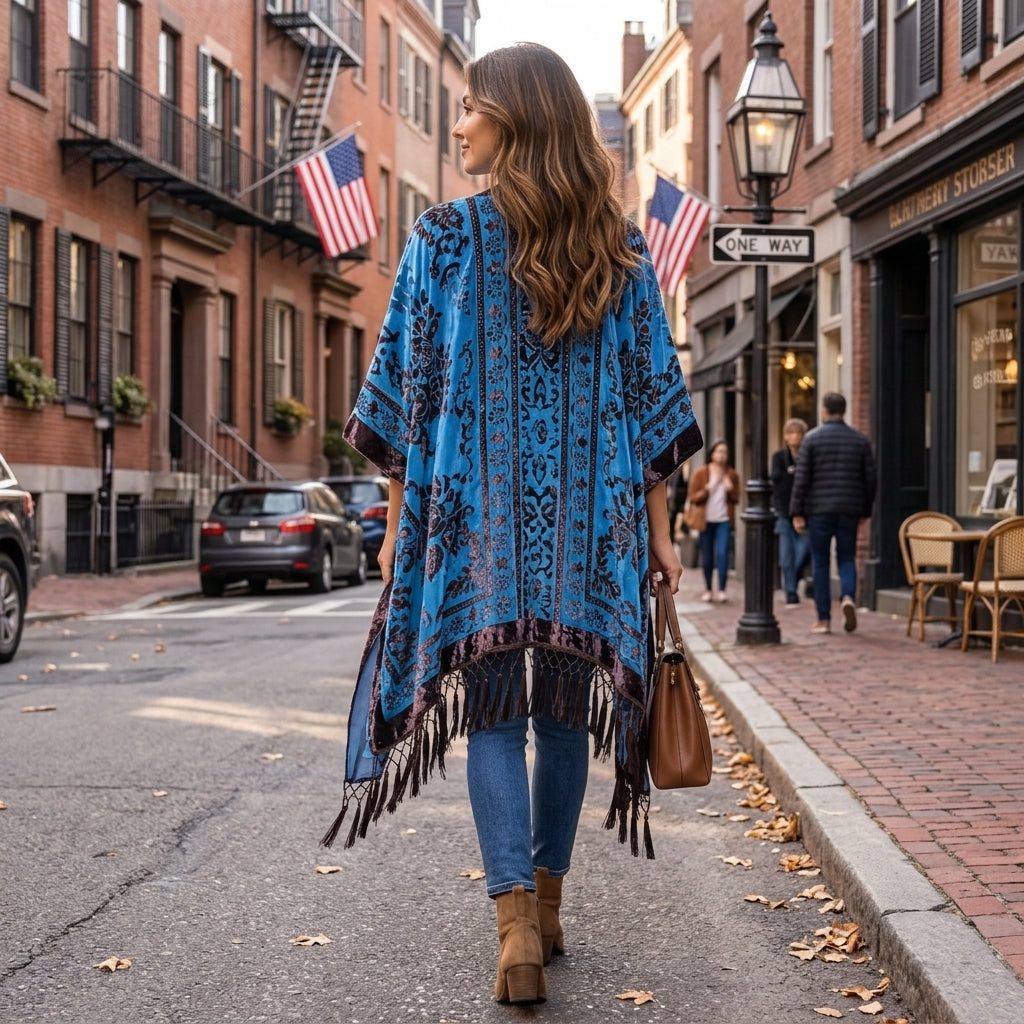 Kimono Womens Longline Velvet Effect Floral Open Front Tassel Fringe Boho Cover Up