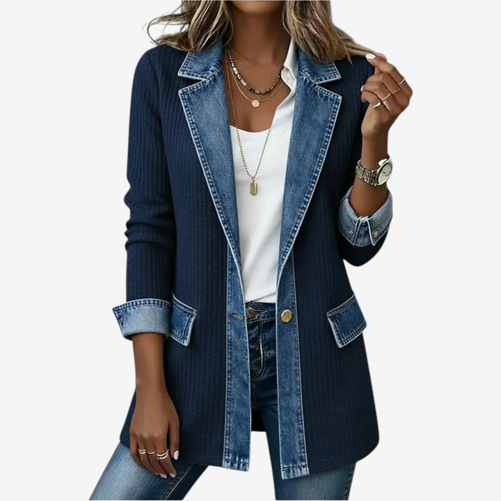 Denim Jacket Womens Ribbed Knit Panels Layered Collar Longline - image 8