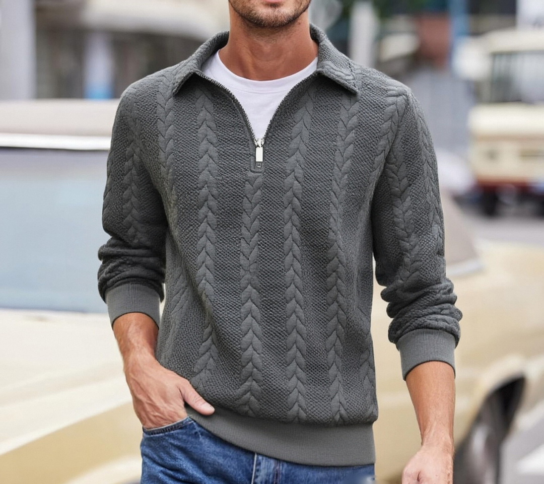 Polo Collar Jumper Mens Quarter Zip Cable Pattern Textured Knit Long Sleeve Regular Fit - image 1